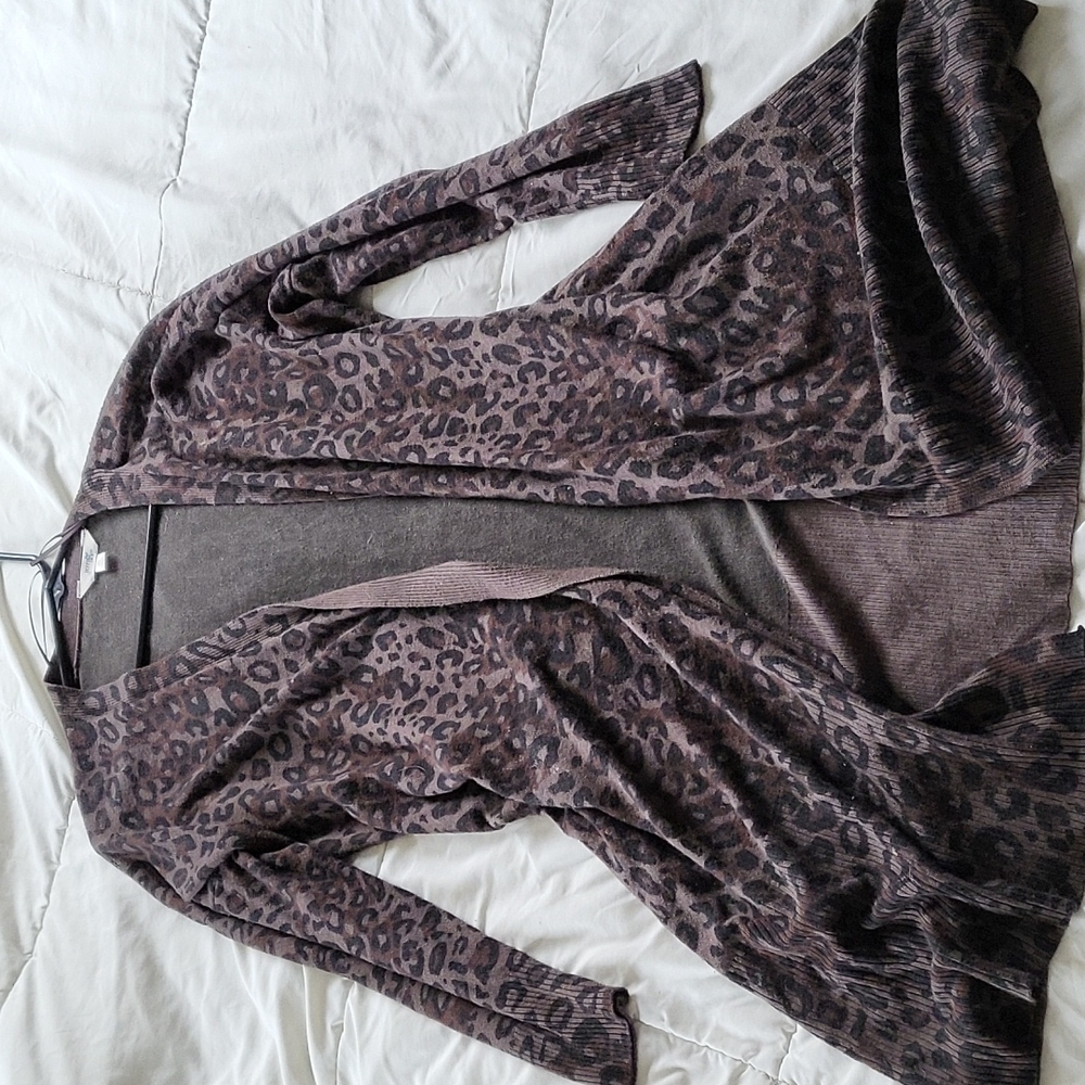 TERRA & SKY Leopard Print Long Sleeve Midi Cardigan Sweater
